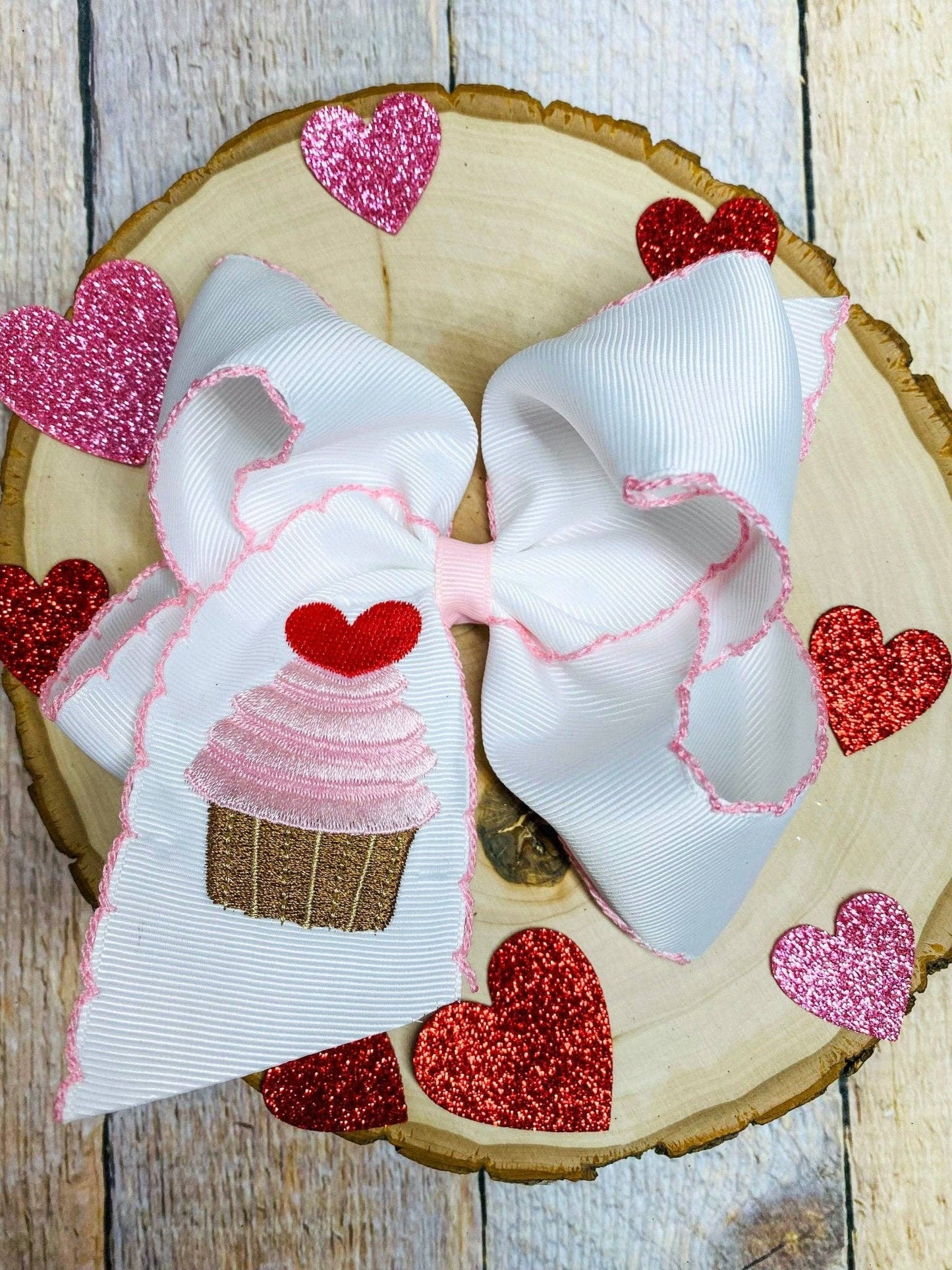 Cupcake Embroidered Moonstitch Hair Bow