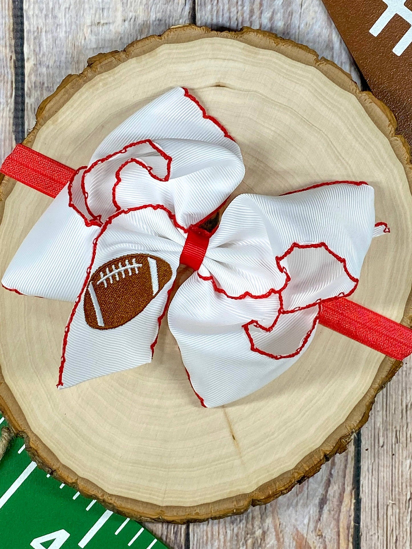 Football Embroidered Moonstitch Bow Headbands: Blue/White