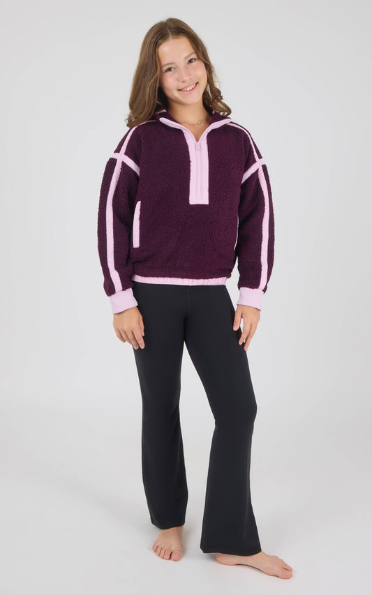 Tween Girls Trendy Quarter Zip Sherpa Jacket and Flare Set : WINTER BLOOM/BLACK