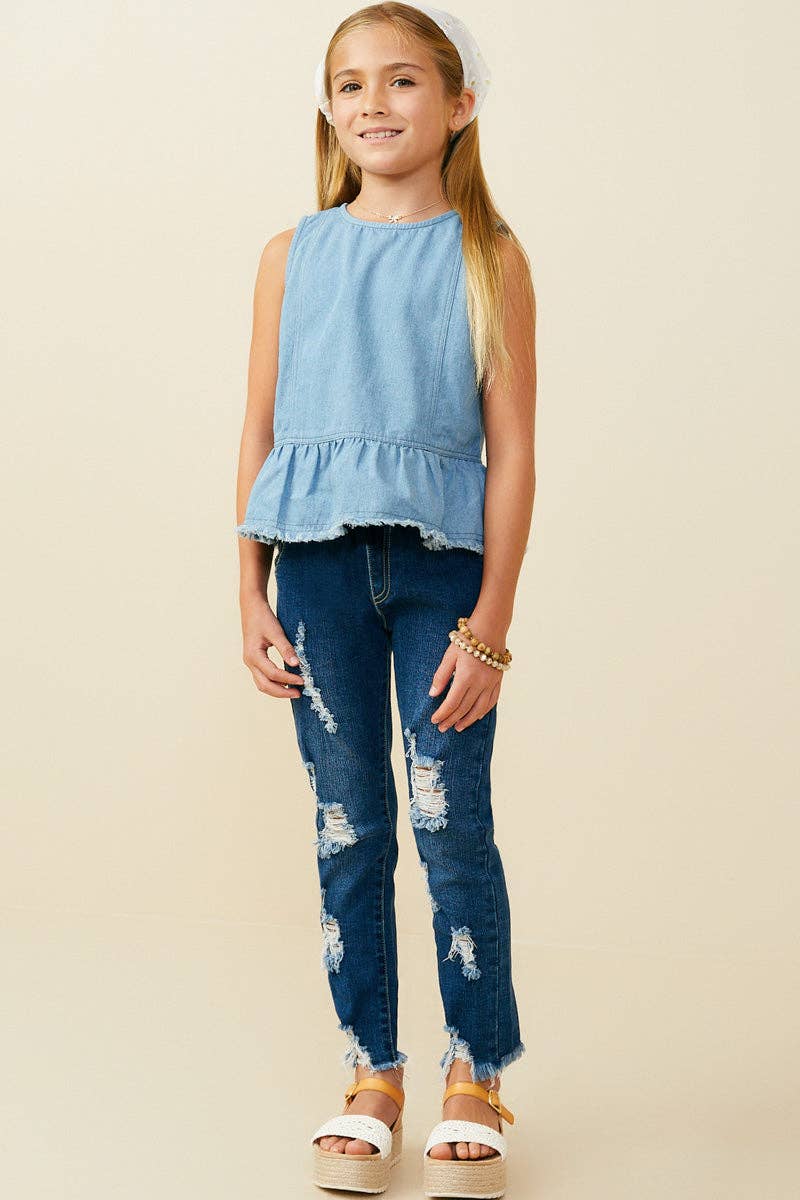 Girls Buttoned Back Denim Peplum Tank: Light Denim / Pack