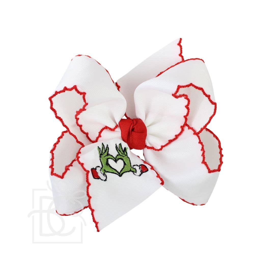 Embroidered Grinch Heart Crochet Edge Hair Bow: White w/ Red Crochet Edge / 4.5" Large