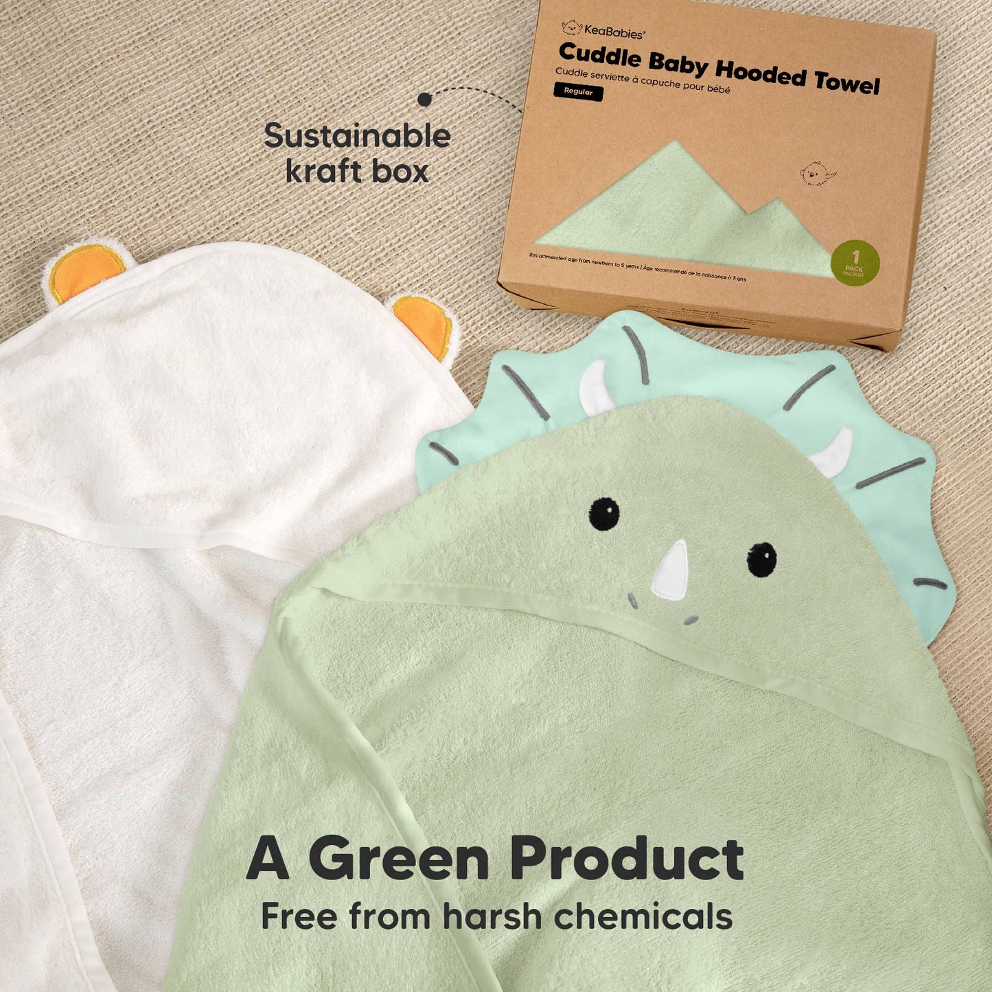 KeaBabies Cuddle Baby Hooded Towel: Triceratops / Regular