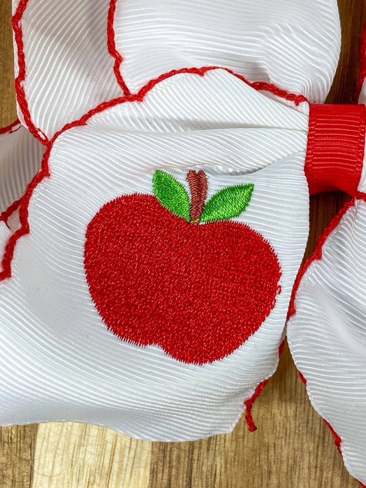 White Apple Embroidered Moonstitch Hair Bow | Clip or Headband: Clip