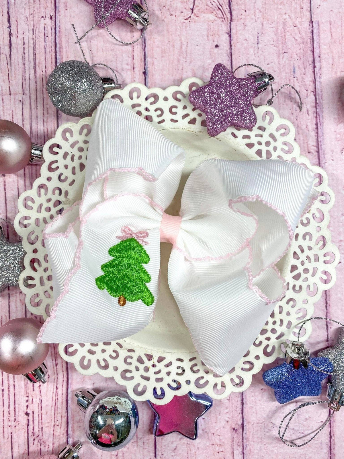 Pink Christmas Tree Embroidered Hair Bow | Clip or Headband: Clip