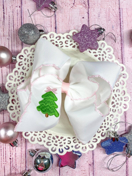 Pink Christmas Tree Embroidered Hair Bow | Clip or Headband: Clip
