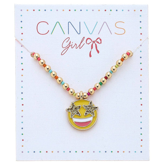 Jane Smiley Face Gold Ball Beaded Children's Necklace in Yel