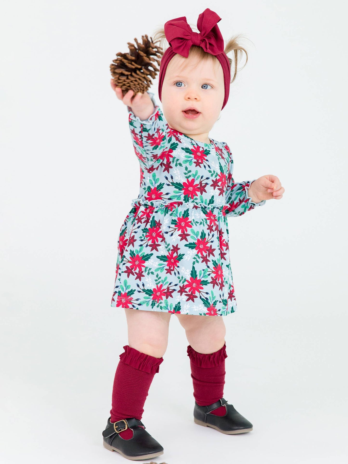 Girls Dark Cherry, White & Fir Green 3-Pack Knee High Ruffle Sock