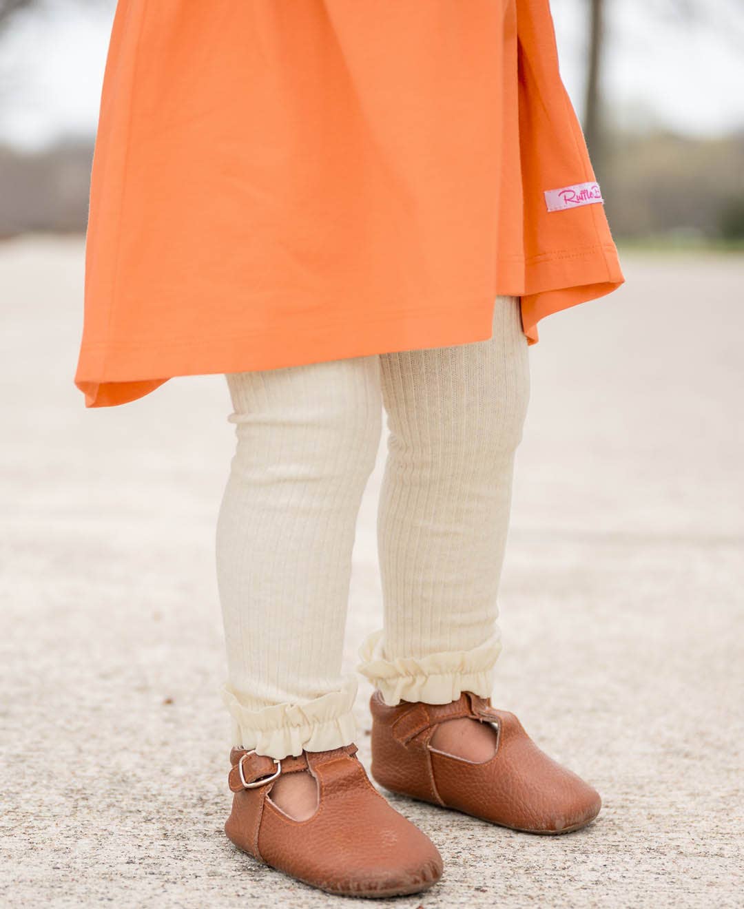 Girls Heather Oatmeal Rib Knit Footless Ruffled Tights: Off-White