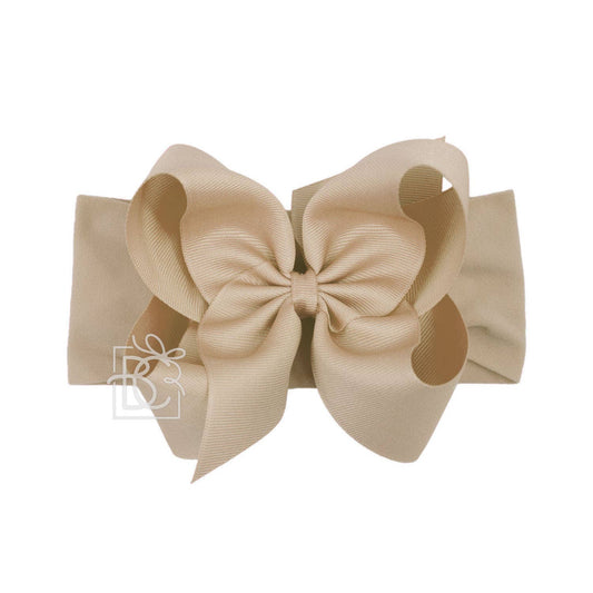 WIDE PANTYHOSE HEADBAND W/CLASSIC GROSGRAIN BOW: OATMEAL / 3+ Months / 5.5" Huge
