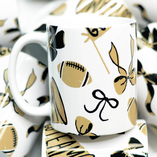 Black Gold Football Ceramic Mug, Coquette Game Day Mug, Sports Mug