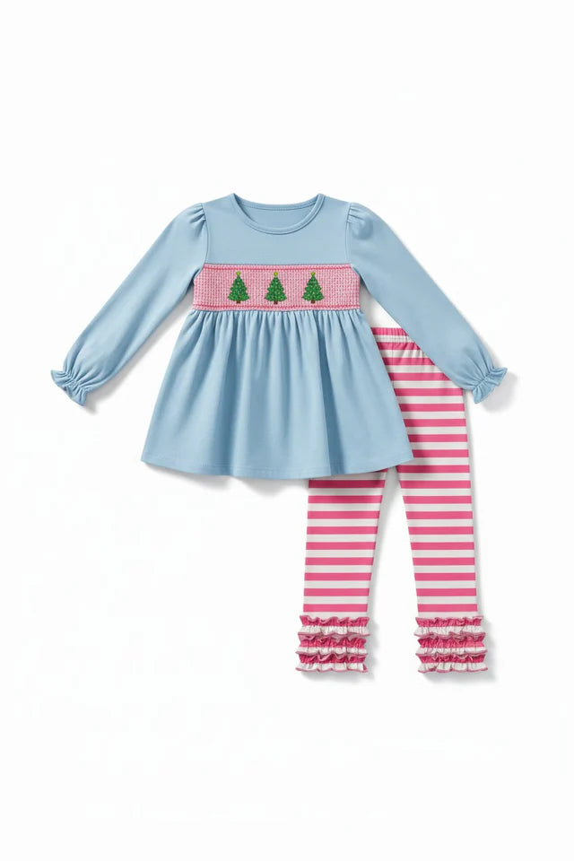 Blue Christmas Smocked Pant Set
