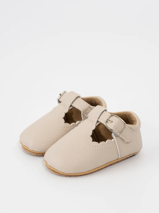 T-Strap Scalloped Buckle Shoes- Oatmeal
