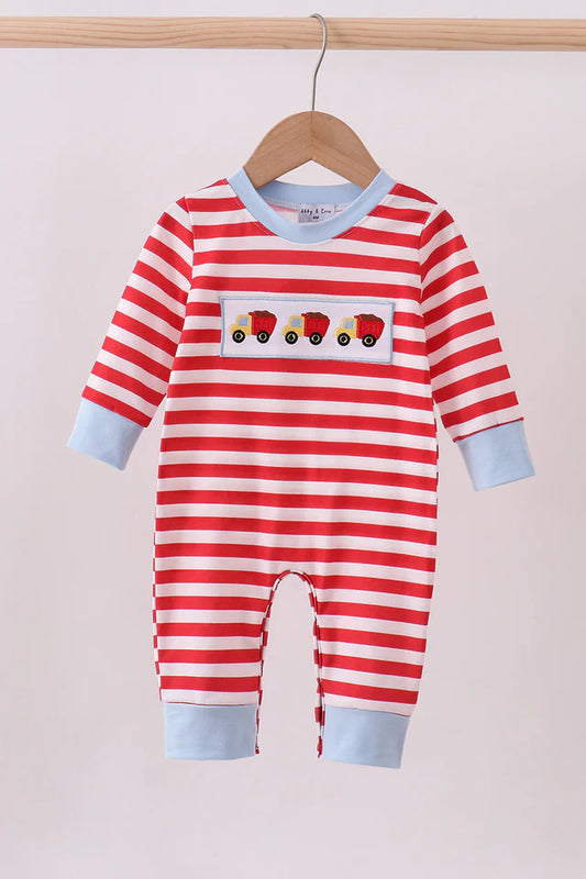 Red Stripe Construction Embroidery Romper
