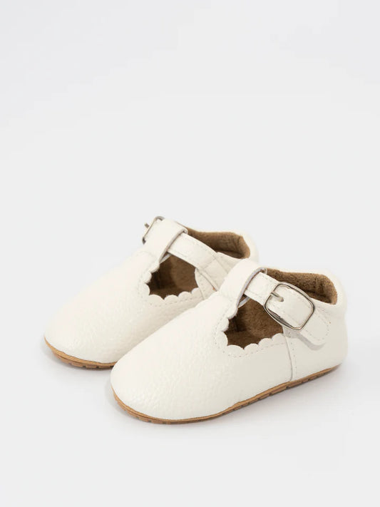 T-Strap Scalloped Buckle Shoes- White